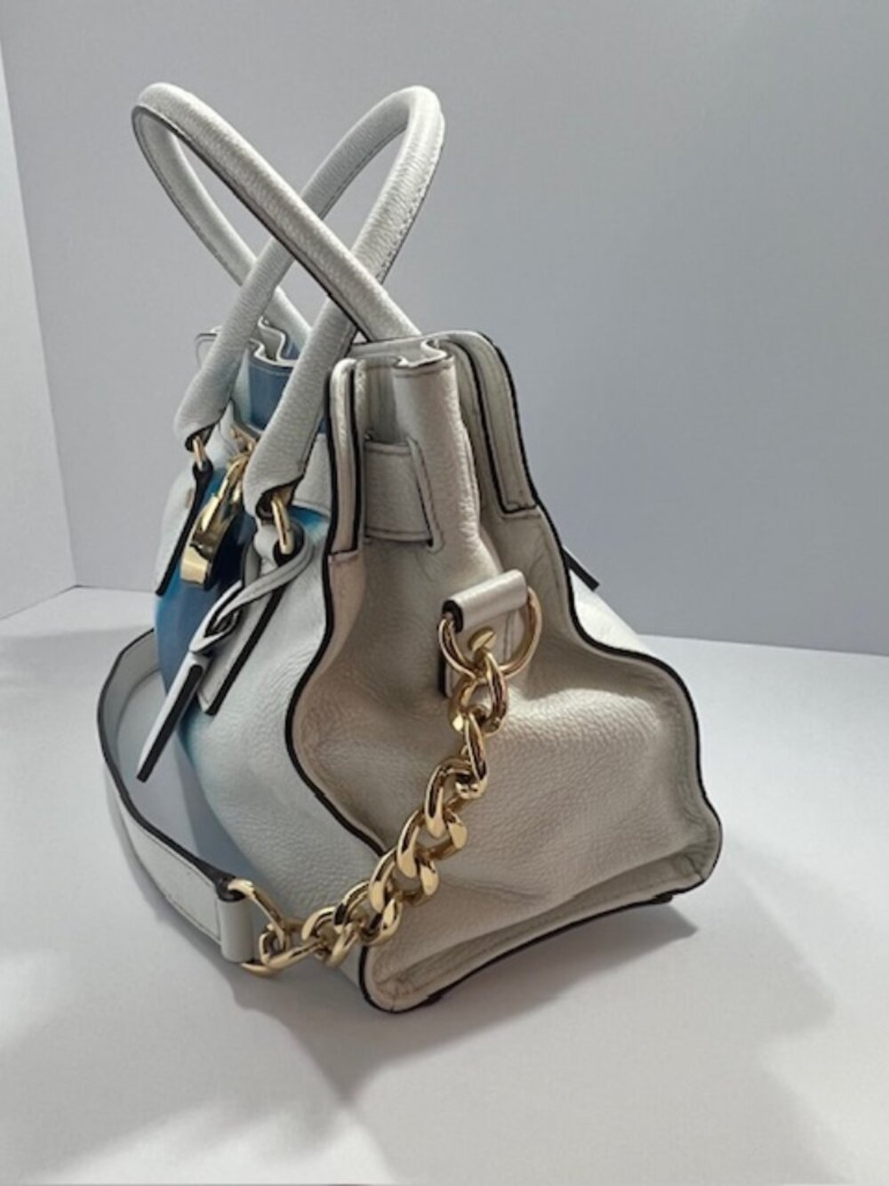 MICHAEL KORS HAMILTON EAST WEST WHITE/BLUE LOCK & KEY LEATHER SATCHEL MEDIUM EUC - Picture 5 of 15